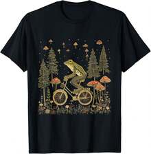 Cottagecore Frog Riding Bike Funny Aesthetic Wild Flower T-Shirt - Negro - Ver 1