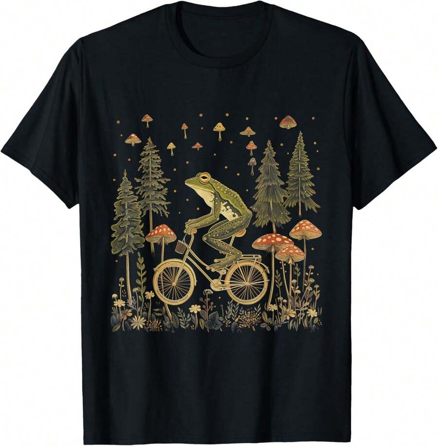 Cottagecore Frog Riding Bike Funny Aesthetic Wild Flower T-Shirt - Negro - Ver 1