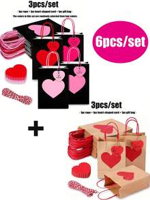 24/12/6/3pcs Valentine's Day Kraft Paper Gift Bags With Red Heart Tags, Heart-Shaped Valentine's Gift Bags, Black And Pink Design, Red And Pink Paper Party Bags With Handles, Anniversary Surprise Gift Bags, Foldable Shopping Bags And Valentine's Party Bags, Holiday Decorations, Shopping Bags, Romantic Occasion Gift Bags, Wedding Party Gift Bags, Handmade Tote Bags For Mother's Day, Valentine's Day, Birthday And Love Occasions - Multicolor - View 14
