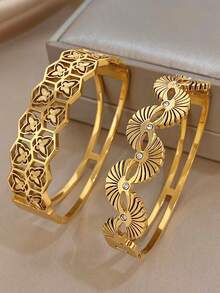 Conjunto de Pulseiras Bangle de Aço Inoxidável Folheado a Ouro 18K com Corte Geométrico, Borboleta e Leque de Zircônia, Estilo Vintage Retrô, para Mulheres, Dia dos Namorados, Festa, Gala, Uso Diário, Carnaval, Ano Novo, Casamento, Praia, Aniversário, Presente Elegante para Mãe, Joias Boho, Presente para Dama de Honra - Multicolorido - Visão 1