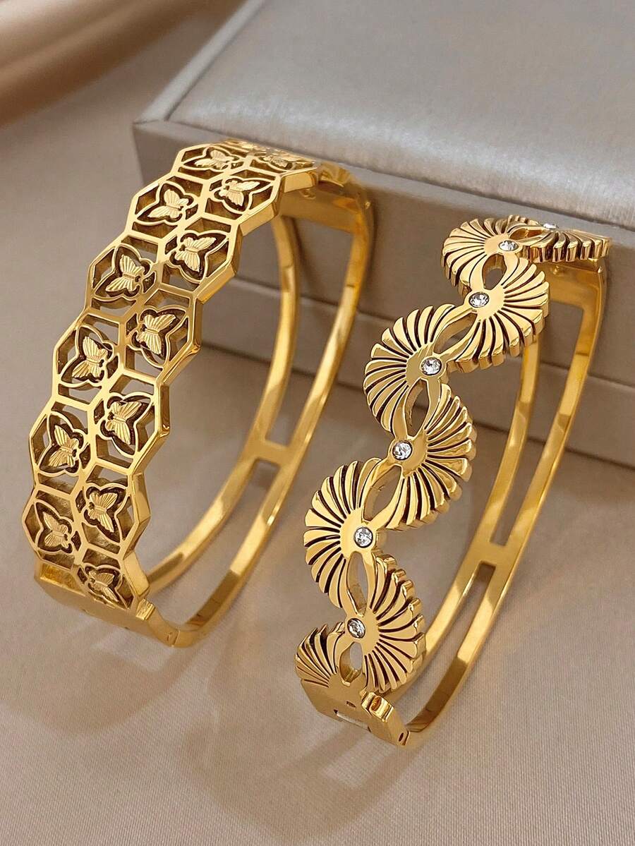 Conjunto de Pulseiras Bangle de Aço Inoxidável Folheado a Ouro 18K com Corte Geométrico, Borboleta e Leque de Zircônia, Estilo Vintage Retrô, para Mulheres, Dia dos Namorados, Festa, Gala, Uso Diário, Carnaval, Ano Novo, Casamento, Praia, Aniversário, Presente Elegante para Mãe, Joias Boho, Presente para Dama de Honra - Multicolorido - Visão 1