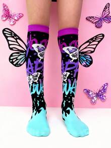 一双过膝袜——色彩缤纷的儿童装扮袜，趣味十足的疯狂袜子日礼物，涂鸦蝴蝶印花儿童长袜，带有立体蝴蝶装饰 - 淡紫色 - 查看 9