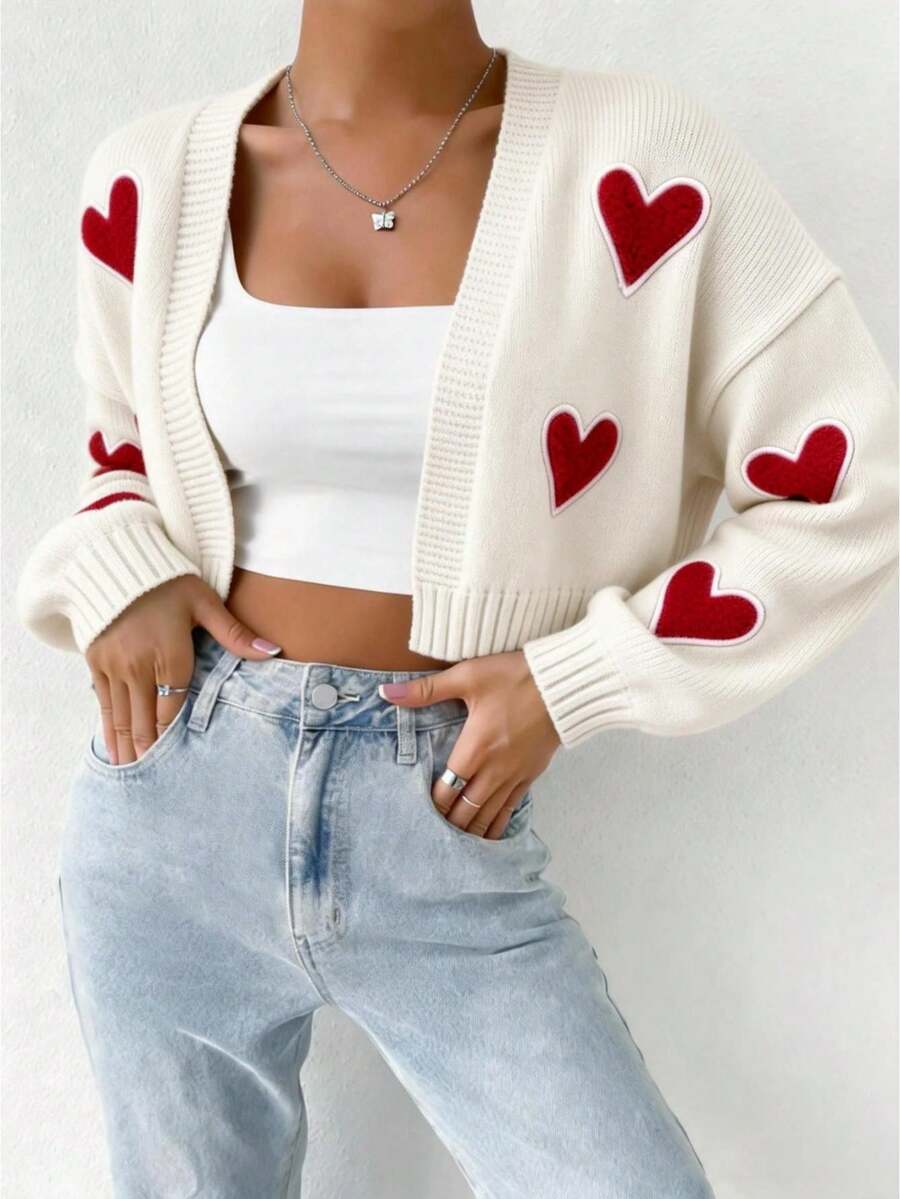 Women Knit Crop Sweater Long Sleeve Love Heart Print V-Neck Open Front Going Out Holiday Crop Cardigan - 白色 - 查看 1