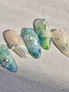 1pc Blooming Lotus With Pearls Gradient Unfolding Petals Press-On Nail Stickers 5D Nail Art Botanical Enchanting Oriental False Nails For Women's Sophisticated DIY Manicure Decals