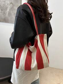 2026 New Retro Style Striped Canvas Bag, Large Capacity, Versatile Use, For Work, School And Outdoor Activities, Can Be Used As A Backpack - Red - View 4
