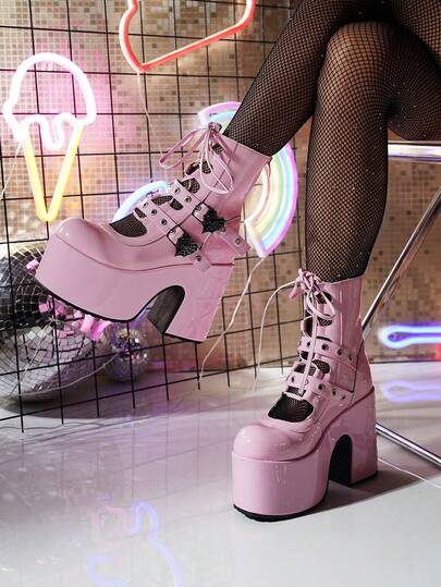 2026 New Sexy Sweet Patent Leather Platform Chunky Heel Shoes, Heart & Spider Web Lace-Up Hollow-Out Ankle Boots