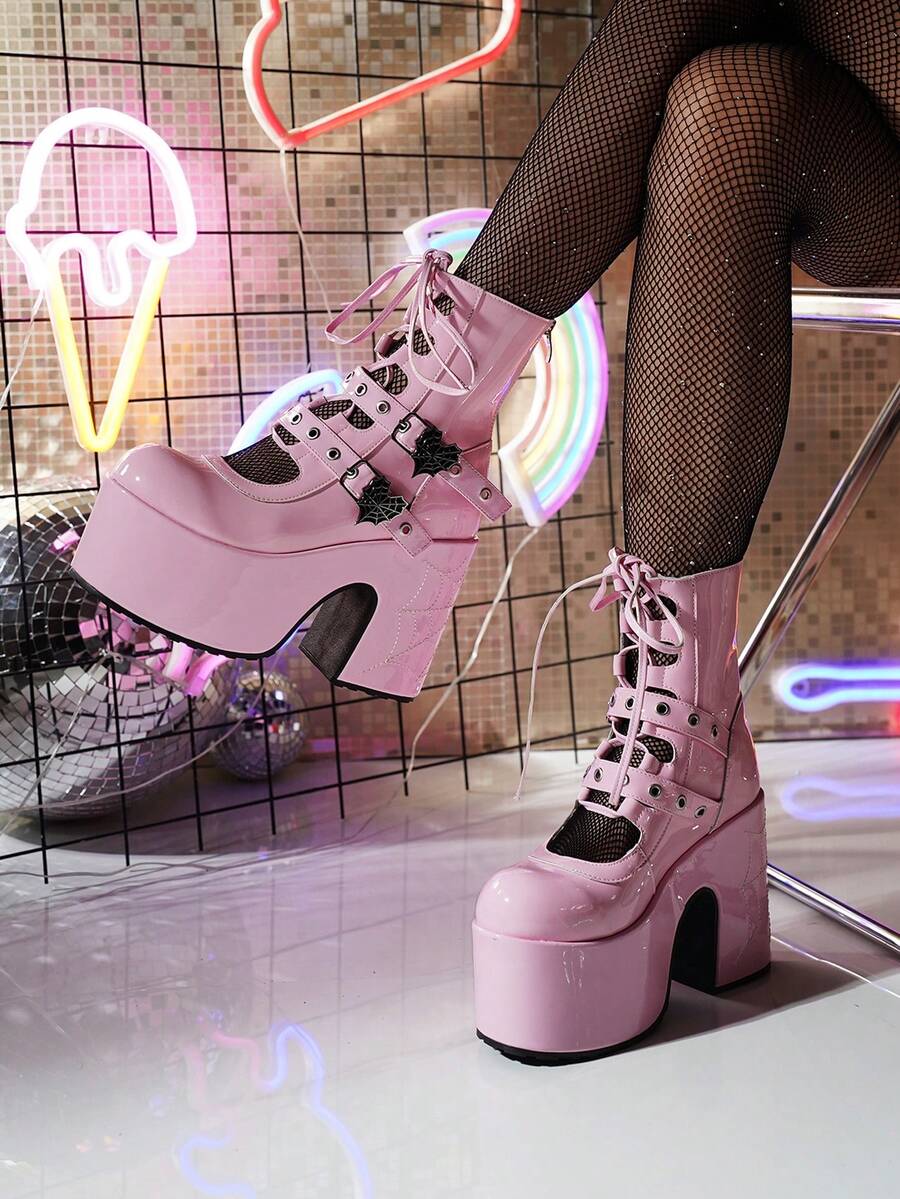 2026 New Sexy Sweet Patent Leather Platform Chunky Heel Shoes, Heart & Spider Web Lace-Up Hollow-Out Ankle Boots - Pink - View 1
