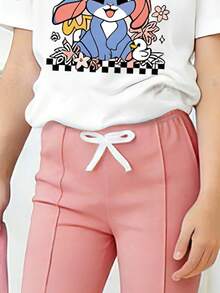 Bộ trang phục thường ngày cho bé gái tuổi teen: áo thun ngắn tay in hình hoạt hình và quần ống loe. - trắng - Xem 4