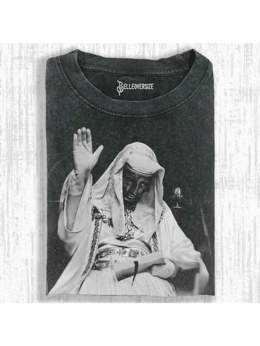 1pc Vintage Baldwin King T-Shirt - Men's & Unisex Heavyweight 230gsm - Oversized Streetwear Tee With Baldwin King Print, Round Neck, Machine Washable - Year-Round Casual Wear (Washed Cotton, Loose Fit) - Ideal Giftshirts Ropa De Hombre - 黑色 - 查看 1