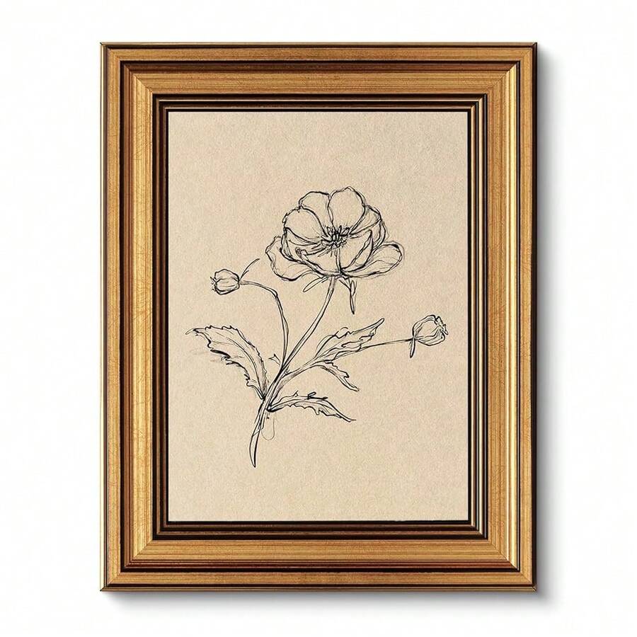 VIYYIEA Vintage Gold Framed Wall Art For Living Room, Py Canvas Prints Home Decor, Sketch Painting Picture, Bedroom Wall Decor Gifts For Friends Or Family -[Py]-(10L X 8W) - [罌粟] - 查看 1