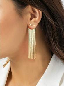 1 Pair Metal Chain Tassel Pendant Earrings, Elegant Minimalist Style Jewelry Fashion Earring For Women  - Lightweight Nickel-Free Design, Dainty Dangle Earrings With Shiny Metal Chain & Tassel Accents,  Western Fashion Accessory Perfect For Daily Wear, Party, Date & Holiday Gift, Versatile Gold/Silver Tone Statement Earrings That Complements Casual & Dressy Outfits, Must-Have Bestseller Style For Modern Females In Europe & America - 金色 - 查看 5