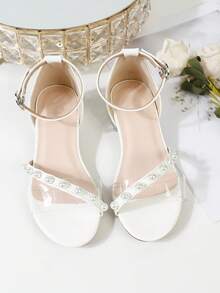 1双新款夏季时尚罗马珍珠装饰高跟凉鞋，女童学生舞蹈表演鞋，适合婚礼、派对、日常穿着，舒适低跟，儿童水晶公主高跟鞋 - 白色 - 查看 5