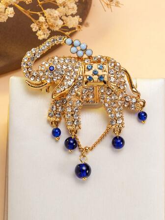1 pieza Broche de elefante de lujo totalmente enjoyado, broche con diseño de borla de perla azul estilo palaciego, decoración de alta gama para trajes, abrigos, regalos