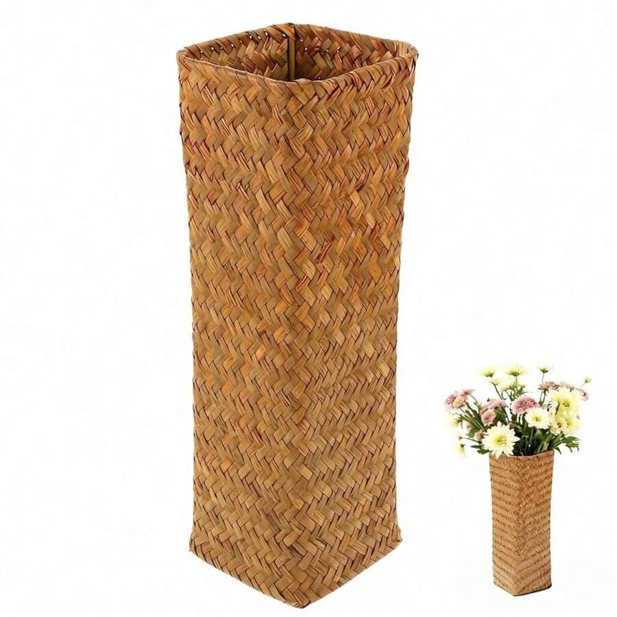 Natural Seaweed Weave Basket Straw Woven Vase Pastoral Rattan Flower Vase Vintage Wicker Flower Basket For Home House Hotel Decoration - As Shown - View 1