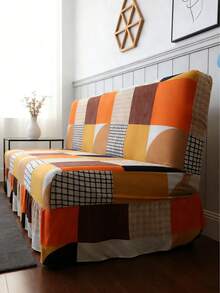 Geometric Contrasting Splicing Sofa Bed Cover, With Skirt Edge, Simple Style, Polyester Fiber All Inclusive Sofa Cover, Knitted Milk Silk All Season Universal Armless Sofa Cover - Orange - View 6