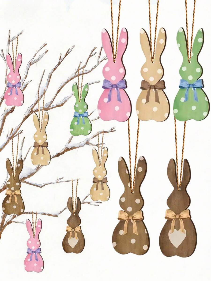 12个木制复活节兔子装饰品 - 带挂绳的摆件，适合用作复活节篮子填充物、春季派对装饰、木制兔子装饰品，也可用于手工制作和派对装饰 - 彩色 - 查看 1