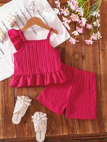 2件套 女童荷叶边吊带上衣+高腰短裤，粉色，春夏款 - 玫紅色 - 查看 3