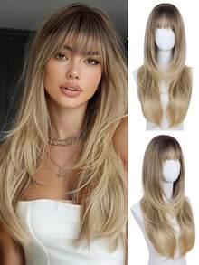 DZfirst 26 Inch Glueless Natural Black Wig For Women, With Bangs - Long Straight Layered Fashion Synthetic Hair, Pre-Bleached Lace Bangs, Realistic Scalp Design, Upgraded Premium Fiber, Wear And Go, Suitable For All Races, Wig, Easy To Wear, Elegant Hair Solution - Ombre Gold/Ombre Brown/Gold/Dark Brown/Ginger Copper - Multicolor - View 15