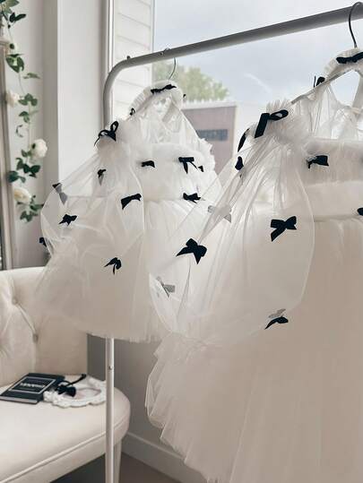 Baby Girls White Long Sleeve Bow Tulle Princess Dress, Suitable For Girls' Birthday Party, Flower Girl, Wedding, Easter, Prom, Holiday Celebration And Other Formal Occasions