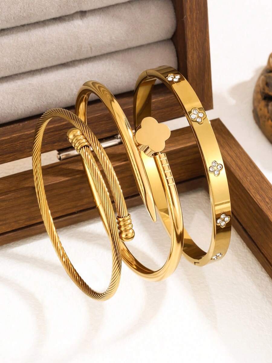 新款时尚高品质不锈钢花朵锆石女士手镯首饰套装，适合日常佩戴 - 金9 - 查看 1