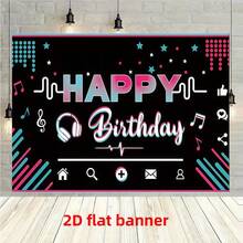 1件生日背景布，背景图案为音乐耳机和“生日快乐”字样，采用高清印花工艺，印制在涤纶面料上，适用于派对、庭院、生日派对和摄影用品。 - 彩色 - 查看 1