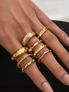 8pcs Vintage Coin Boho Punk Minimalist Asymmetrical Stacking Rings Set, Suitable For Daily Wear, Birthday/Valentine's Day Gift For Her (No Box) - Yellow Gold - View 4