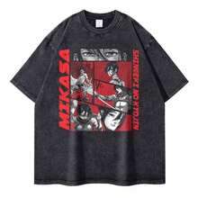 1Pcs,2026,Eren Jaeger 2D T-Shirts Vintage Washed Anime T-Titan A-Attack T Shirt Manga Shingeki No Kyojin  Mikasa Short Sleeve Tops - Đen-3 - Xem 3