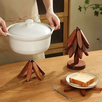 Premium Wooden Tree-Shaped Tripod Set With 3 Removable Coasters And Base, Creative Non-Slip And Heat-Resistant Mat, Suitable For Kitchen Accessories, Teapots And Beverage Holders - Furniture Ornaments, Gifts