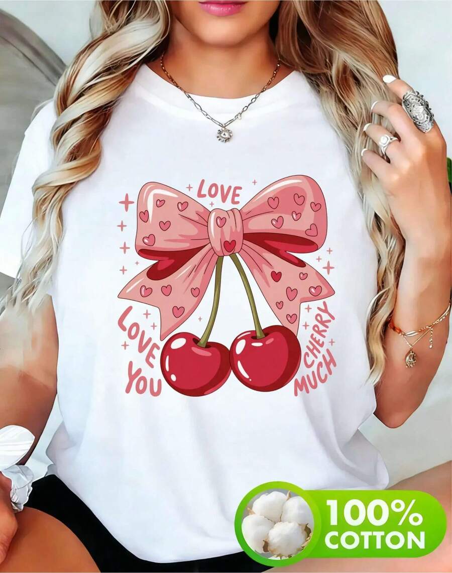 Lindo patrón de cerezas rosadas, ajuste cómodo, tela de algodón suave, lavable a máquina, múltiples tamaños disponibles (S-XXXXL), adecuado para Año Nuevo, Nochevieja, Día de San Valentín y otras ocasiones, camiseta impresa unisex, camiseta impresa divertida - Blanco - Ver 1