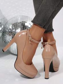 Women's Platform Mary Jane Pumps Closed Round Toe Ankle Strap Stiletto High Heels Dress Shoes - 米色 - 查看 9