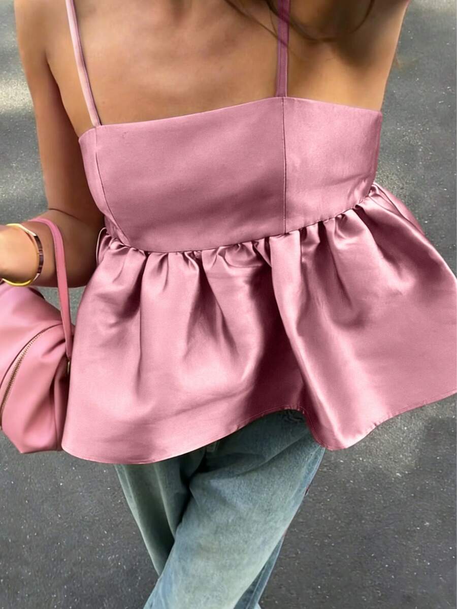 Áo hai dây màu hồng hở lưng, cổ vuông, dây mảnh, viền bèo nhún, thích hợp cho nữ mùa Xuân/Hè 2026, dịp Lễ Tình nhân, Năm mới, Lễ hội, Phong cách đường phố, Sinh nhật, Du lịch, Thường ngày, Kỳ nghỉ, Buổi hòa nhạc, Mùa hè, Mùa xuân. - Hồng - Xem 1