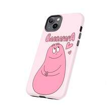 Barbapapá rosa sonriendo con corazones flotando. Esta elegante funda es compatible con los modelos  17, 16, 15, 14 Pro Max, 13, 12, 11, XR y XS Plus. Fabricada en silicona de vidrio, ofrece protección contra golpes y caídas, además de una sensación superior. Es un regalo ideal para familiares, amigos y seres queridos, y una opción perfecta para Año Nuevo. - Blanco - Ver 2