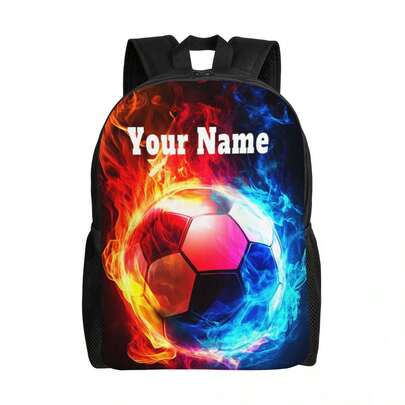 1pc Customizable Flame Soccer Backpack, Personalized Large-Capacity Laptop Bag, With Adjustable Shoulder Straps, Zipper Closure, Made Of Polyester, Hand Wash, Suitable For Both Men And Women