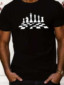 Camiseta Casual de Hombre con Estampado de Ajedrez, Poliéster Transpirable, Cuello Redondo, Manga Corta, Perfecta para el Verano, regalo perfecto para el Día del Padre, también es un regalo perfecto para amigos y la otra mitad. - Negro - Ver 2