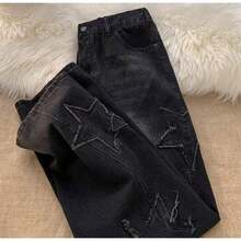 Unisex Y2k Baggy Dark Star Jeans High Waisted Hip Hop Streetwear Embroidery Pants Harajuku Aesthetic Style - 黑色 - 查看 5