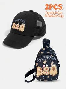 2件套儿童水豚图案透气网眼棒球帽和斜挎包，可爱动物印花儿童夏季配饰 - 2pcs - 查看 9