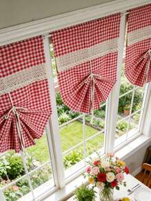 1件农舍风格亚麻系带格子厨房窗帘，波西米亚钩编蕾丝格子窗帘，适用于厨房、餐厅、客厅 - 紅色 - 查看 10