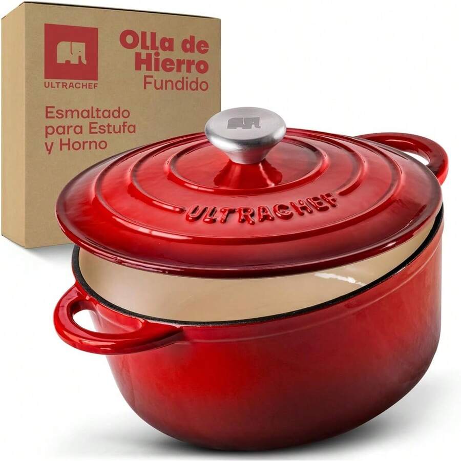 mhjULTRACHEF Olla de Hierro Fundido Esmaltado para Estufa y Horno Horno Holandés Cubierto de Hierro Fundido Dutch Oven Redonda Tamaño 24 cm Capacidad 3.8 Litros Rojosleeping Bags - 219237033 - Ver 1
