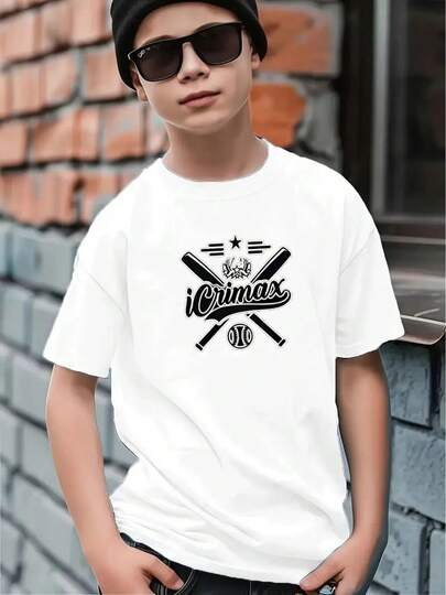 100% Algodón Moda para Niños Camiseta Infantil con Estampado de Bate de Béisbol Linda Camiseta de Manga Corta Versátil Casual para Niños y Niñas, Adecuada para Niños de 5 a 15 Años