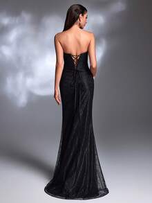 A Black Lace Ruched One-Shoulder Circular Design High-Slit Lace-Up Mermaid Train Elegant Evening Gown - Black - View 2