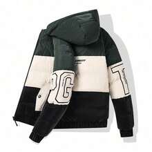 Abrigo de Invierno para Hombre con Capucha y Relleno de Plumón, Diseño Color Block, Corte Holgado, Capucha Desmontable, Chaqueta Casual de Moda para Estudiantes, Abrigo Acolchado Cálido para Hombre, Impermeable, Resistente al Viento, Ligero, Aislamiento Térmico, Parka Deportiva para Exteriores. - Verde militar - Ver 2