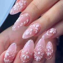 A Box Of 24 Pieces Of Medium And Long Pointed Nail White Three-Dimensional Relief Flower Wearing Nail Removable Nail Patch Nail Art Piece - Pink - View 1