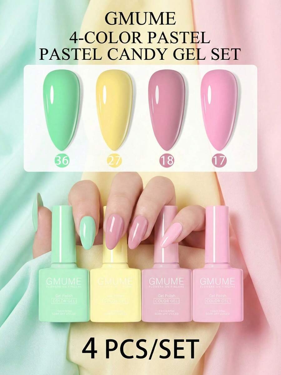 4pcs Pastel Macaron Gel Nail Polish Set - Mint Green, Butter Yellow, Baby Pink & Dusty Rose Colors, Soak Off UV/LED Manicure Kit For Spring Summer 7.5ml Nails - 彩色 - 查看 1