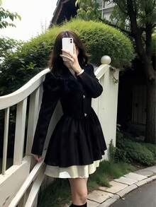 فستان أسود طويل الأكمام بطراز زي المدرسة الفرنسي القديم، مربوط الخصر بأزرار على شكل قلب، مناسب للتصوير الفوتوغرافي والتخرج وحفلات الأزياء وعيد الحب - متعدد الألوان - مشاهدة 13