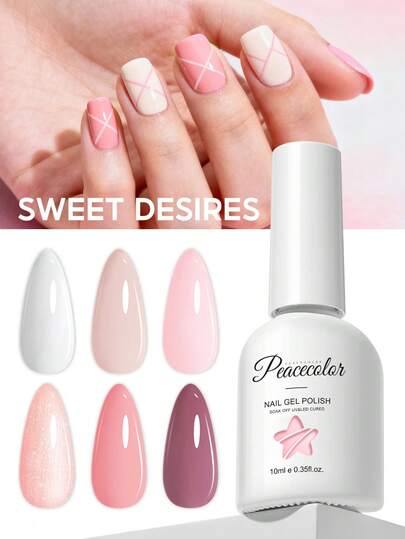 peacecolor 6瓶10毫升白色裸粉色闪光凝胶指甲油套装，玻璃瓶装，多种颜色可选，半永久凝胶指甲油套装，适用于美甲设计，女士美甲用品，美甲DIY礼物