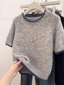 2026春夏女士休闲优雅针织短袖上衣，罗纹圆领，蓝色撞色滚边，常规长度 - 灰色 - 查看 2