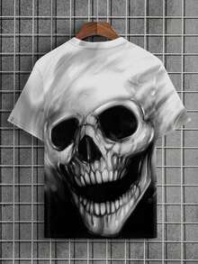 男士黑白骷髅图案短袖圆领T恤，夏季款 - 黑與白 - 查看 2