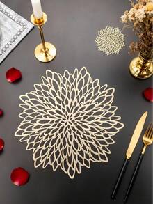 15-Inch Gold Flower Placemat, PVC Material, 3.9-Inch Hollow Flower Coaster, Washable, Easy To Clean, Wipe-Able, Non-Slip, Heat-Resistant, Suitable For Room Decor, Dining Table Decor, Home Decor, Ideal For Holidays, Parties, Birthdays, Weddings, Valentine's Day Decorations - Multicolor - View 2