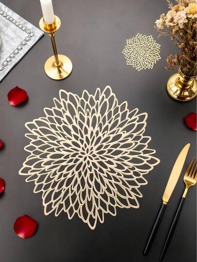 15-Inch Gold Flower Placemat, PVC Material, 3.94-Inch Hollow Flower Coaster, Washable, Easy To Clean, Wipe-Able, Non-Slip, Heat-Resistant, For Room Decor, Dining Table Decor, Home Decor, Suitable For Holidays, Parties, Birthdays, Weddings, And Valentine's Day Decorations