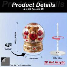 2D Flat Design, 1pc Rotating Snow Globe Desktop Decor With Plush Teddy Bear, Red Heart & Rose Pattern - 360 Degree Rotating Acrylic Dome With Glass Base, Gold Base, Suitable For Home, Office, Wedding, Valentine's Day Gift - Indoor/Outdoor Decoration, Romantic Souvenir, 2D Flat Design - Multicolor - View 12